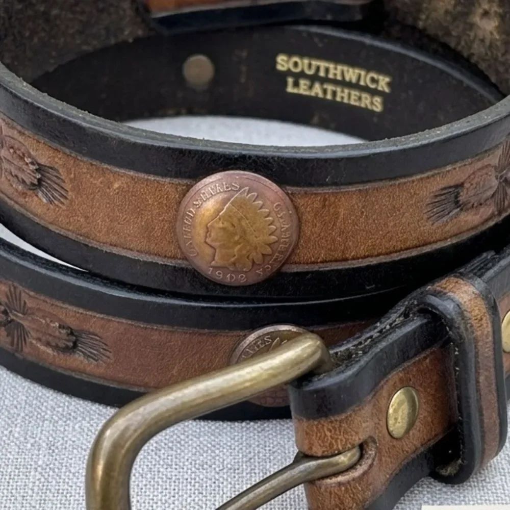 Southwick Leathers VintageβIndian Head Penny Coin Hand Tooled Leather Belt Sz 26